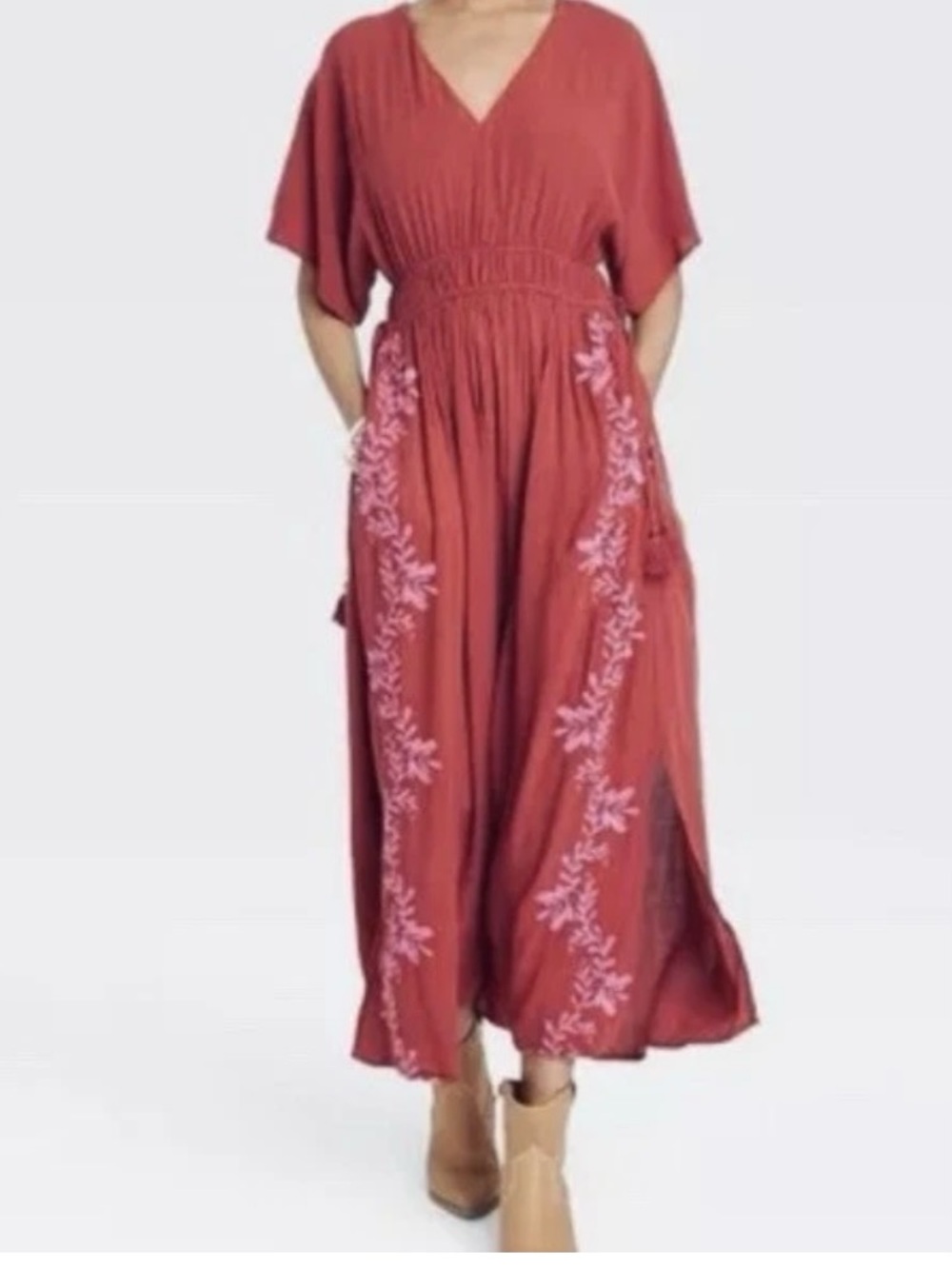 Knox Rose Rust Red Embroidered V‑Neck Maxi Crinkle L Dress slits pockets tassels
